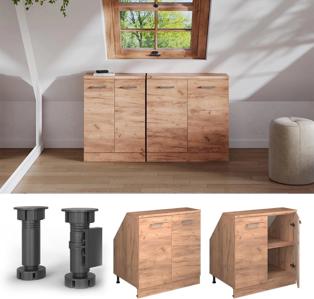 Mobile sottotetto Rion, Quercia dorata, 80 x 81.6 cm con 2 porte, carcassa 60 cm profondità, adatto per il salvaspazio sotto tetti spioventi