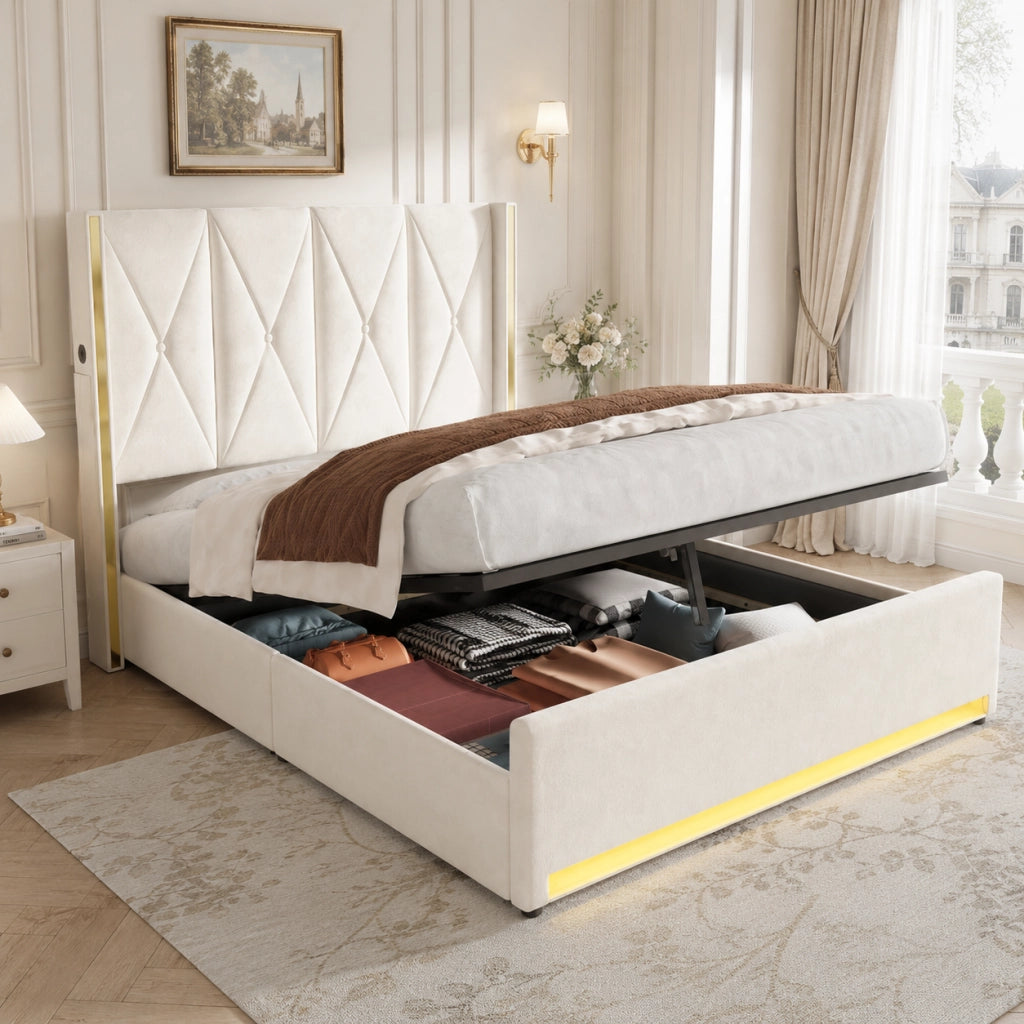 Letto in velluto con testiera alta, USB, LED e contenitore, 160x200 cm
