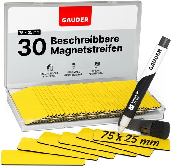Etichette magnetiche descrittabili - tavole magnetiche riutilizzabili per lavagne, lavagne scolastiche, lavagne Kanban e frigoriferi - carte magnetiche con marker (30 pezzi - 75 x 25 mm)