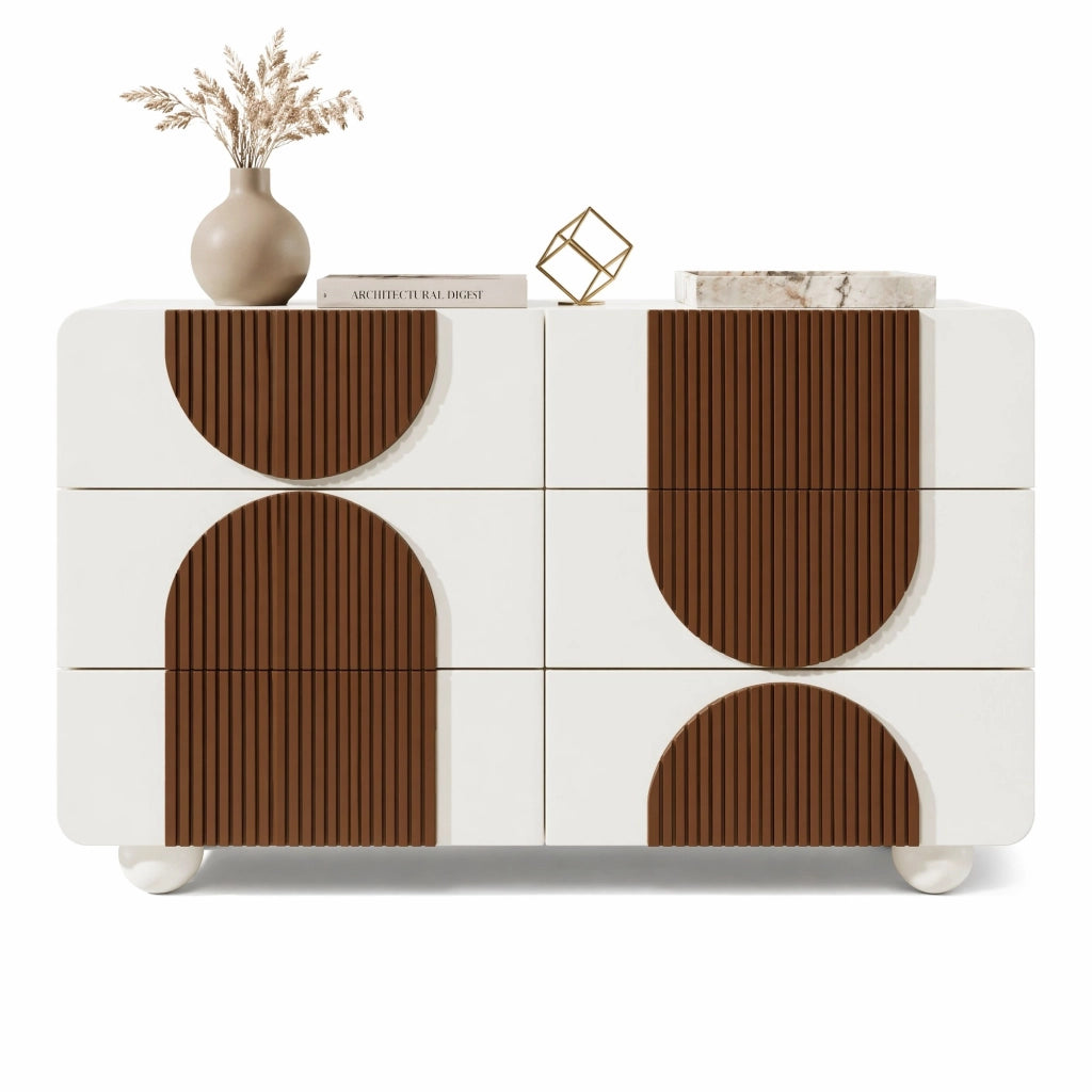 Comodino a 6 cassetti in bianco con design curvo, sideboard elegante 121x41x71 cm