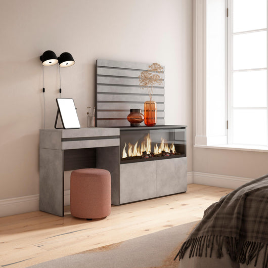 Tavolo da toeletta, 177x35x145cm, Con cassetto, Camino elettrico XXL, Pannelli Decorativi, grigio cemento RF3465