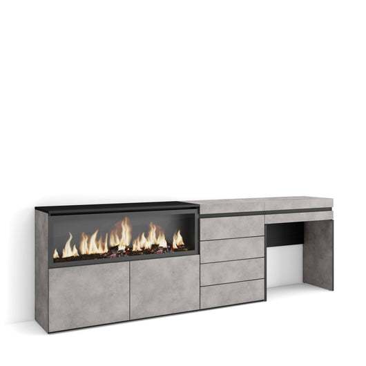 Tavolo da toeletta, 234x35x75cm, Con cassetto, Camino elettrico XXL, Cassettiera, grigio cemento RF3466