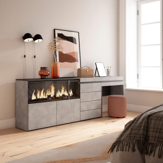 Tavolo da toeletta, 234x35x75cm, Con cassetto, Camino elettrico XXL, Cassettiera, grigio cemento RF3466