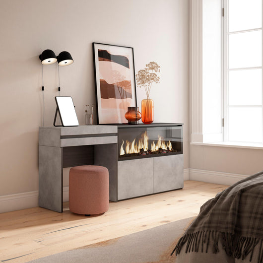 Tavolo da toeletta, 177x35x75cm, Con cassetto, Camino elettrico XXL, grigio cemento RF3464