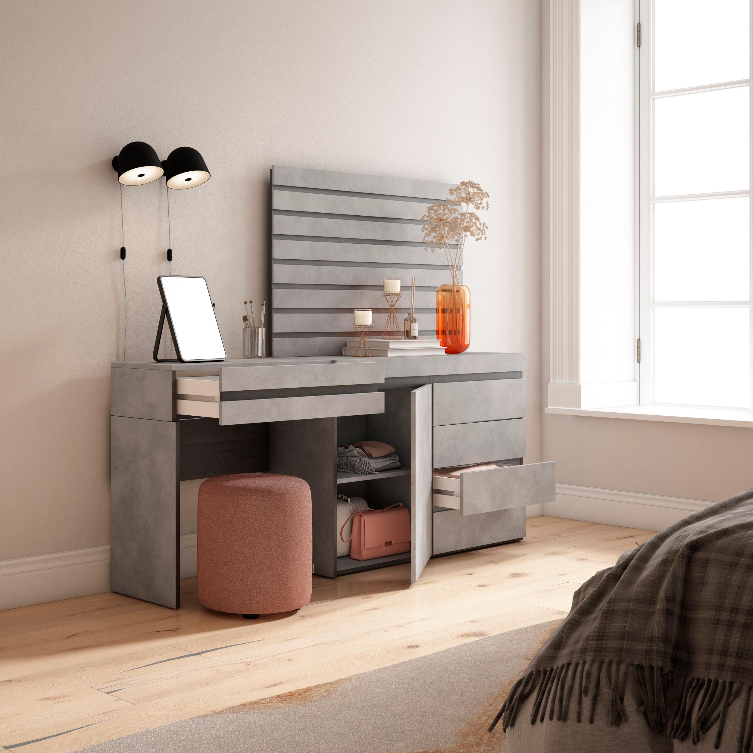 Tavolo da toeletta, 177x35x145cm, Con cassetto, Cassettiera, Pannelli Decorativi, grigio cemento RF3471