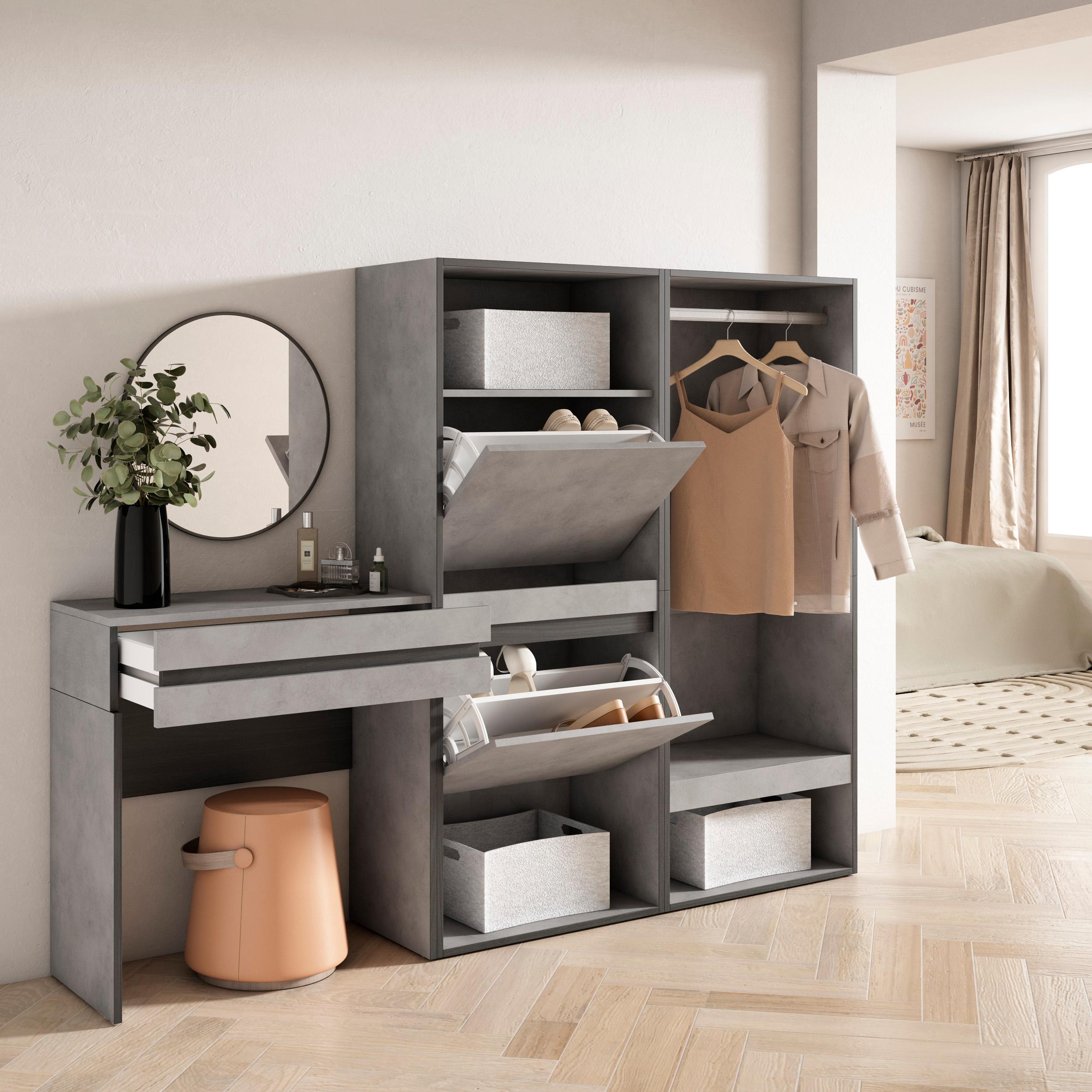 Consolle Ingresso, 190x35x145cm, Con cassetto, Scarpiera, Armadio Aperto, grigio cemento RF3445