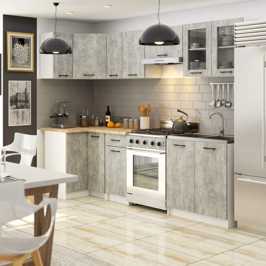 Set da cucina con vetrina AKORD OLIWIA 3,0 m Bianco 300 cm 11 ante 1 cassetto frontale Cemento 300×46×203 cm