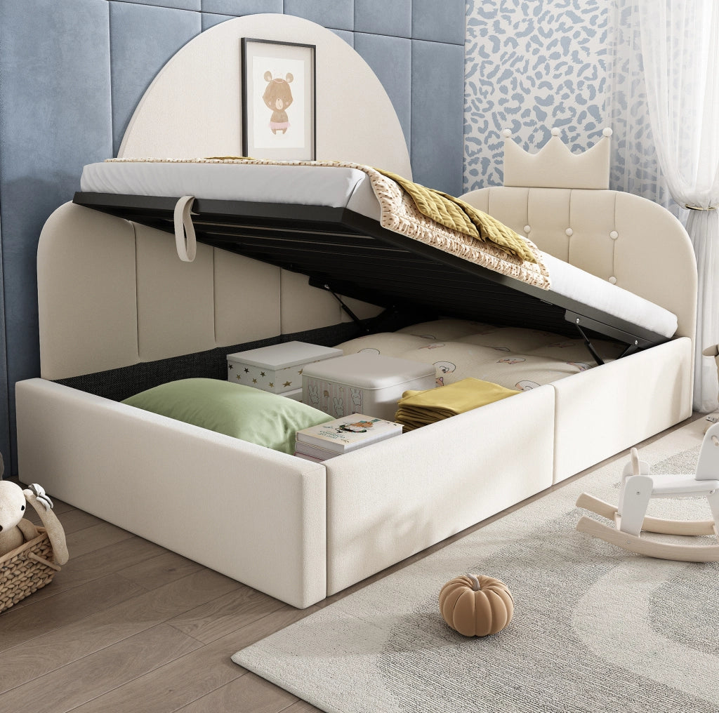 Letto da giorno 90x200 cm con contenitore idraulico in velluto beige