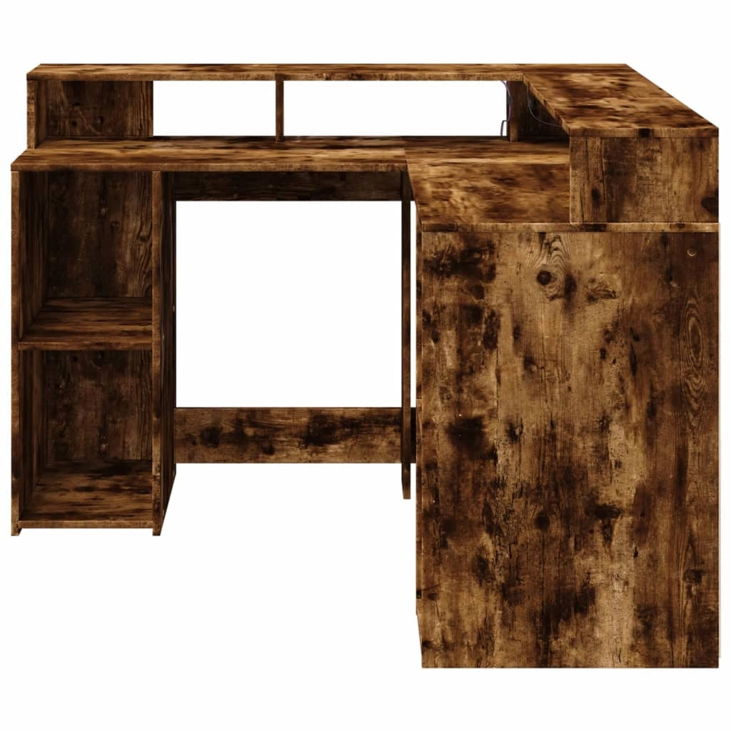 Scrivania da ufficio postazione di lavoro mobile per computer zona studio con luci a LED rovere affumicato 130 x 130 x 91 cm legno ingegnerizzato marrone 02_0023783