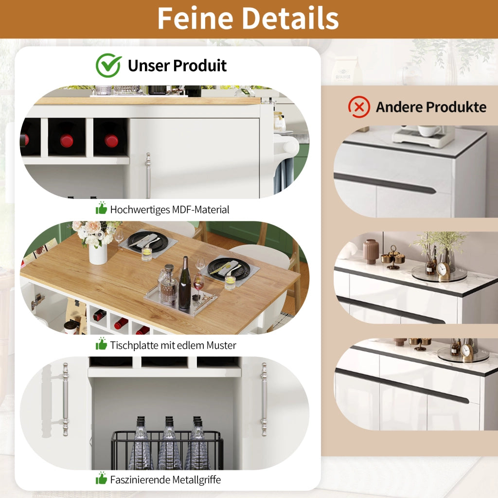 CARRELLO Cucina con piano ribaltabile 137,9x73x92,2 cm MDF bianco con ruote