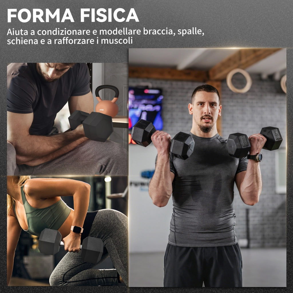 Set 2 Manubri Fitness da 15 kg Esagonali con Impugnatura Antiscivolo. in Acciaio e Gomma. ?15.5 x 33.6 cm. Nero