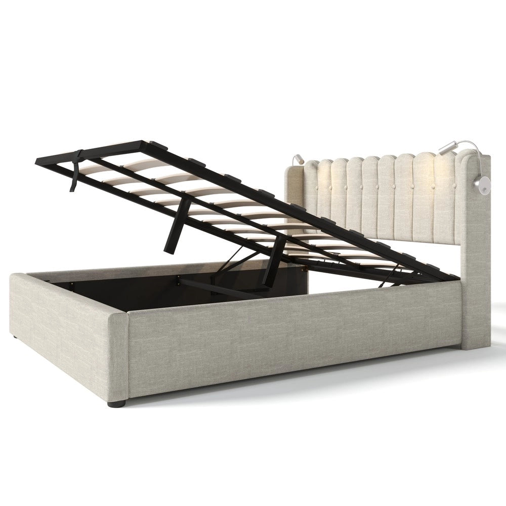 Letto Imbottito Matrimoniale con Contenitore e Luce LED ¨C MINIMAL ¨C Lino Naturale 160x200