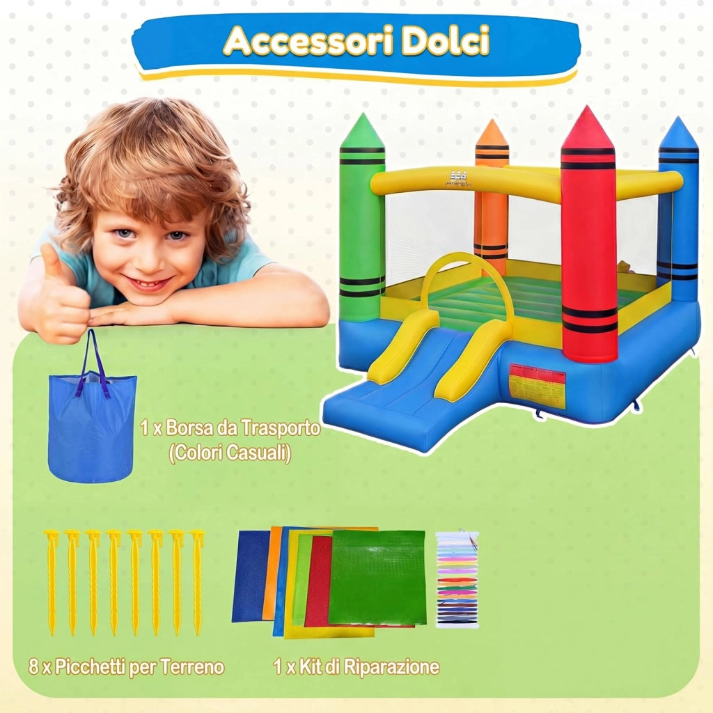 Castello Gonfiabile per Bambini, Casa Gonfiabile con Salto e Scivolo, Borsa di Trasporto e Kit di Riparazione, per 2 Bambini 3-12 Anni, Adatto per Esterno e Interno