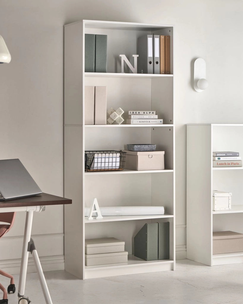 Libreria a 5 ripiani in stile minimalista in truciolato bianco soggiorno salotto