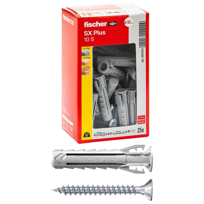 Fischer, Tasselli SX Plus 10x50 mm, Per Muro Pieno e Forato, Calcestruzzo, 25 Pezzi