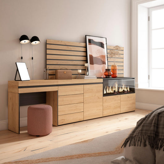 Tavolo da toeletta, 284x35x145cm, Con cassetto, Camino elettrico XXL, Cassettiera, Pannelli Decorativi, colore Rovere RF3474