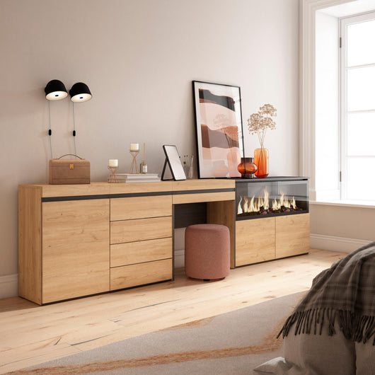 Tavolo da toeletta, 284x35x75cm, Con cassetto, Camino elettrico XXL, Cassettiera, colore Rovere RF3482