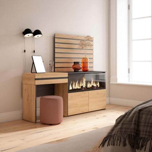 Tavolo da toeletta, 177x35x145cm, Con cassetto, Camino elettrico XXL, Pannelli Decorativi, colore Rovere RF3481