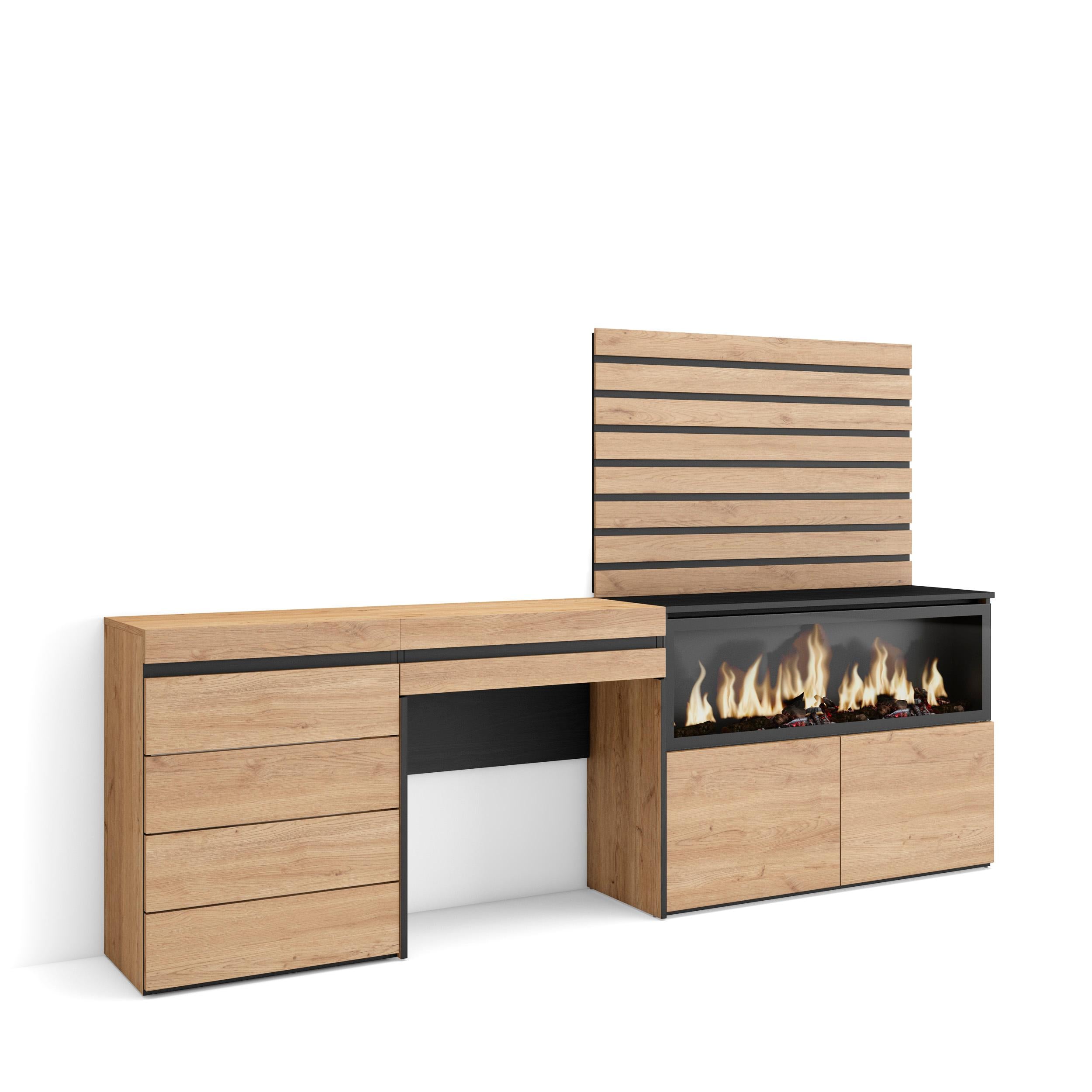 Tavolo da toeletta, 234x35x145cm, Con cassetto, Camino elettrico XXL, Cassettiera, Pannelli Decorativi, colore Rovere RF3473