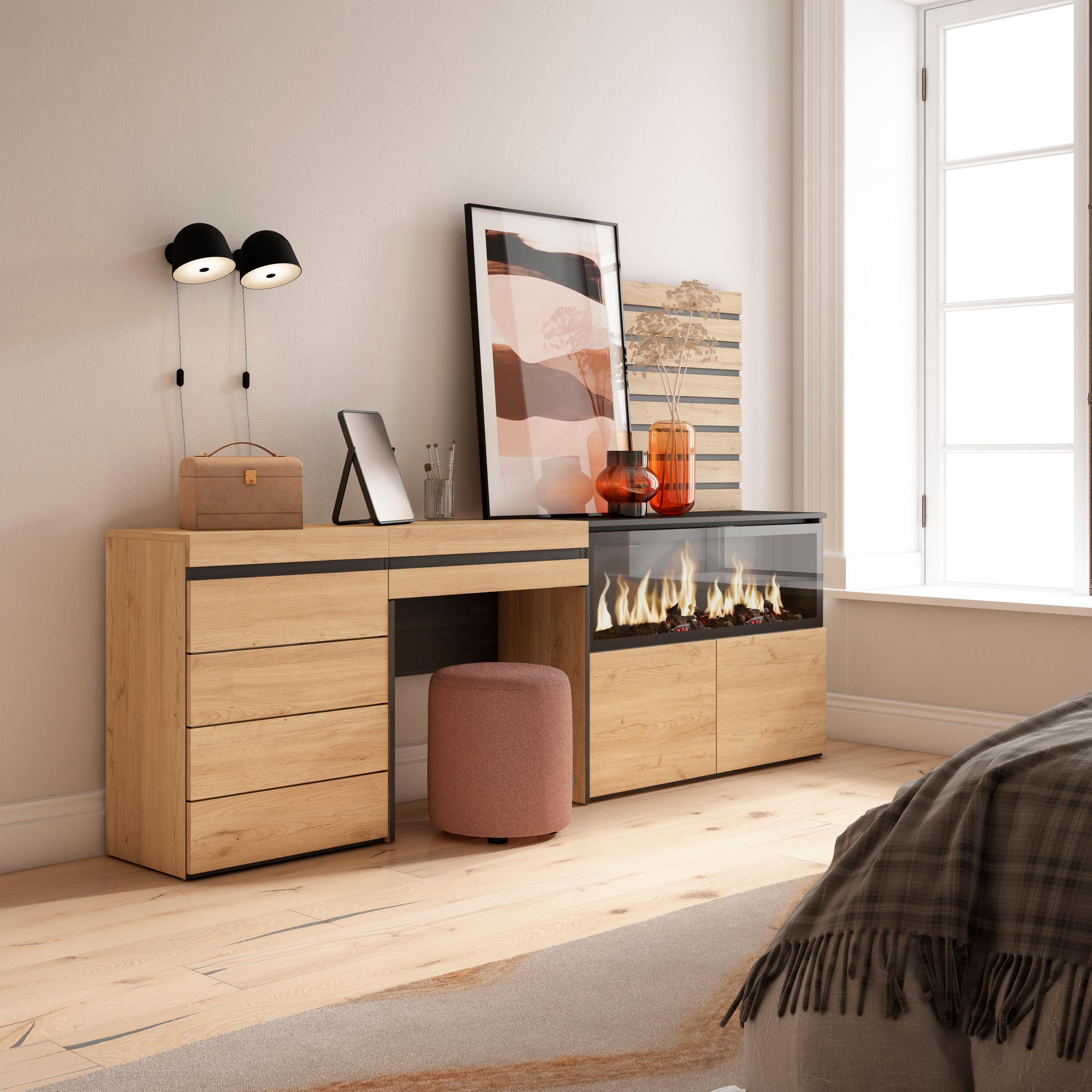 Tavolo da toeletta, 234x35x145cm, Con cassetto, Camino elettrico XXL, Cassettiera, Pannelli Decorativi, colore Rovere RF3473