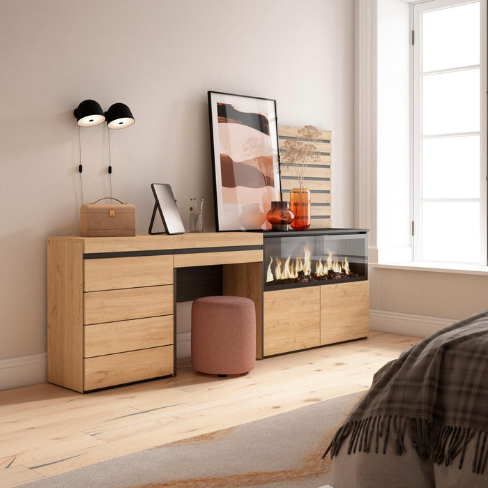 Tavolo da toeletta, 234x35x145cm, Con cassetto, Camino elettrico XXL, Cassettiera, Pannelli Decorativi, colore Rovere RF3473