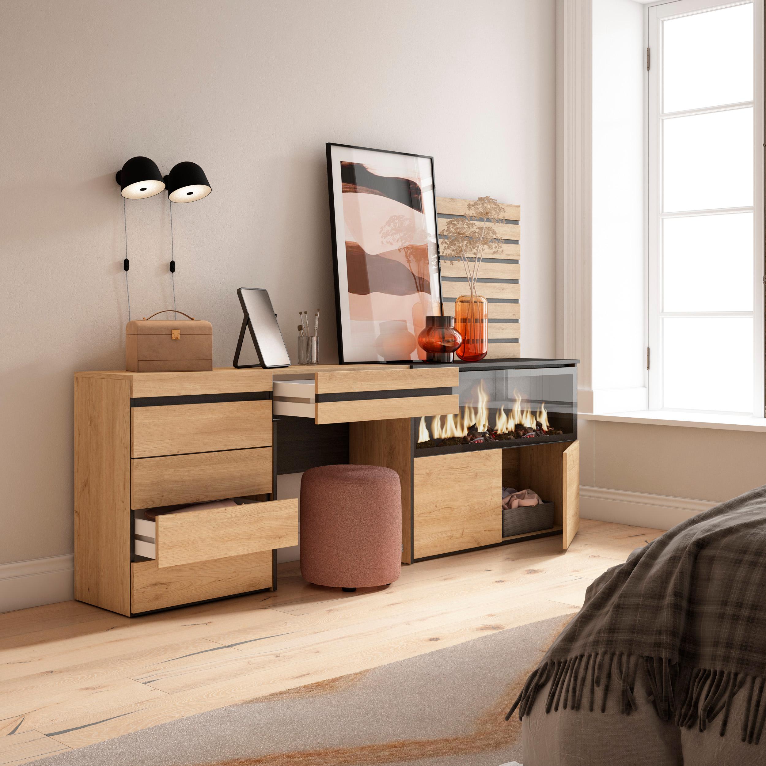 Tavolo da toeletta, 234x35x145cm, Con cassetto, Camino elettrico XXL, Cassettiera, Pannelli Decorativi, colore Rovere RF3473