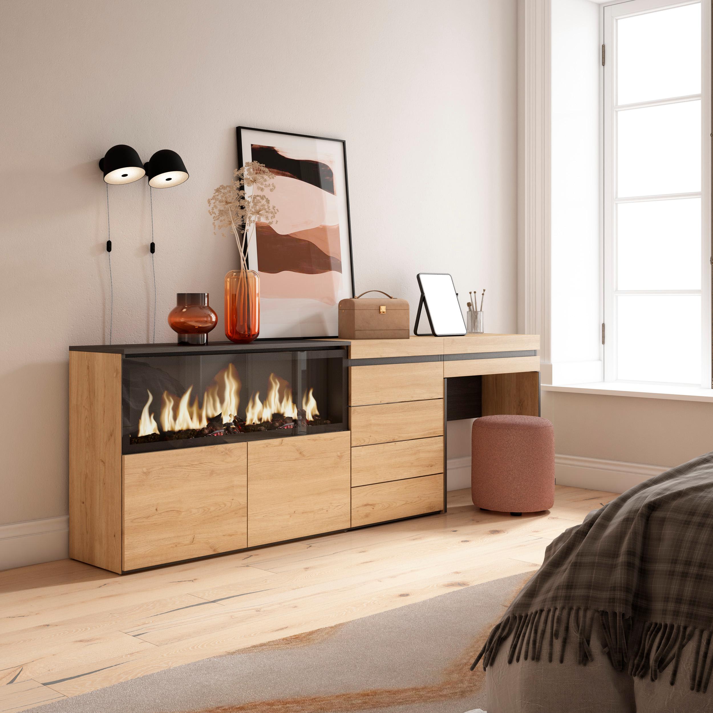 Tavolo da toeletta, 234x35x75cm, Con cassetto, Camino elettrico XXL, Cassettiera, colore Rovere RF3472