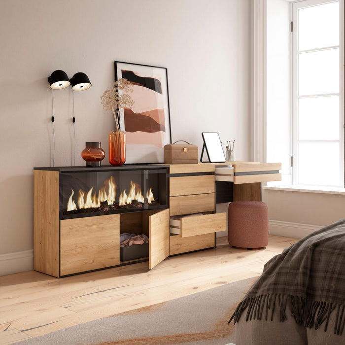 Tavolo da toeletta, 234x35x75cm, Con cassetto, Camino elettrico XXL, Cassettiera, colore Rovere RF3472