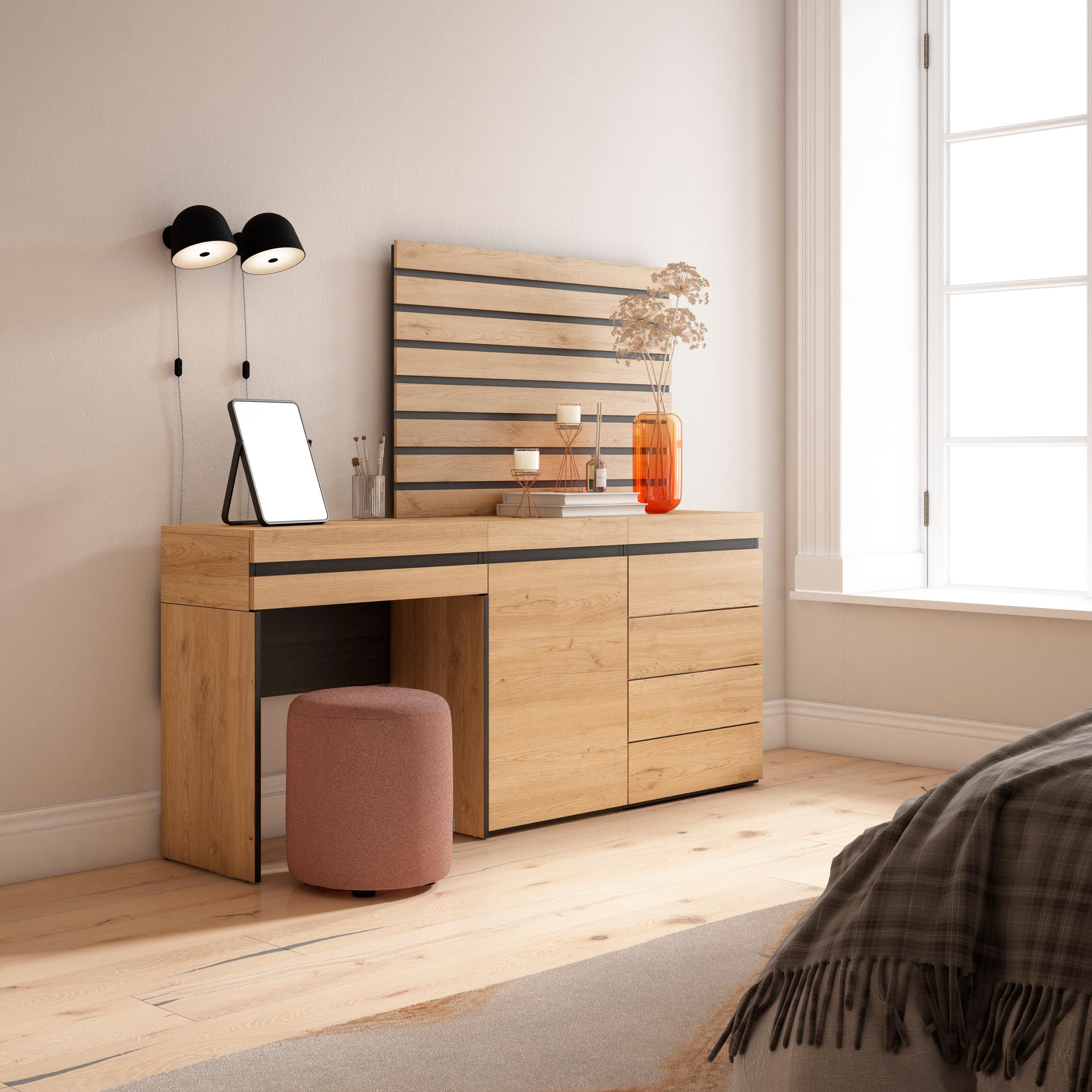 Tavolo da toeletta, 177x35x145cm, Con cassetto, Cassettiera, Pannelli Decorativi, colore Rovere RF3479