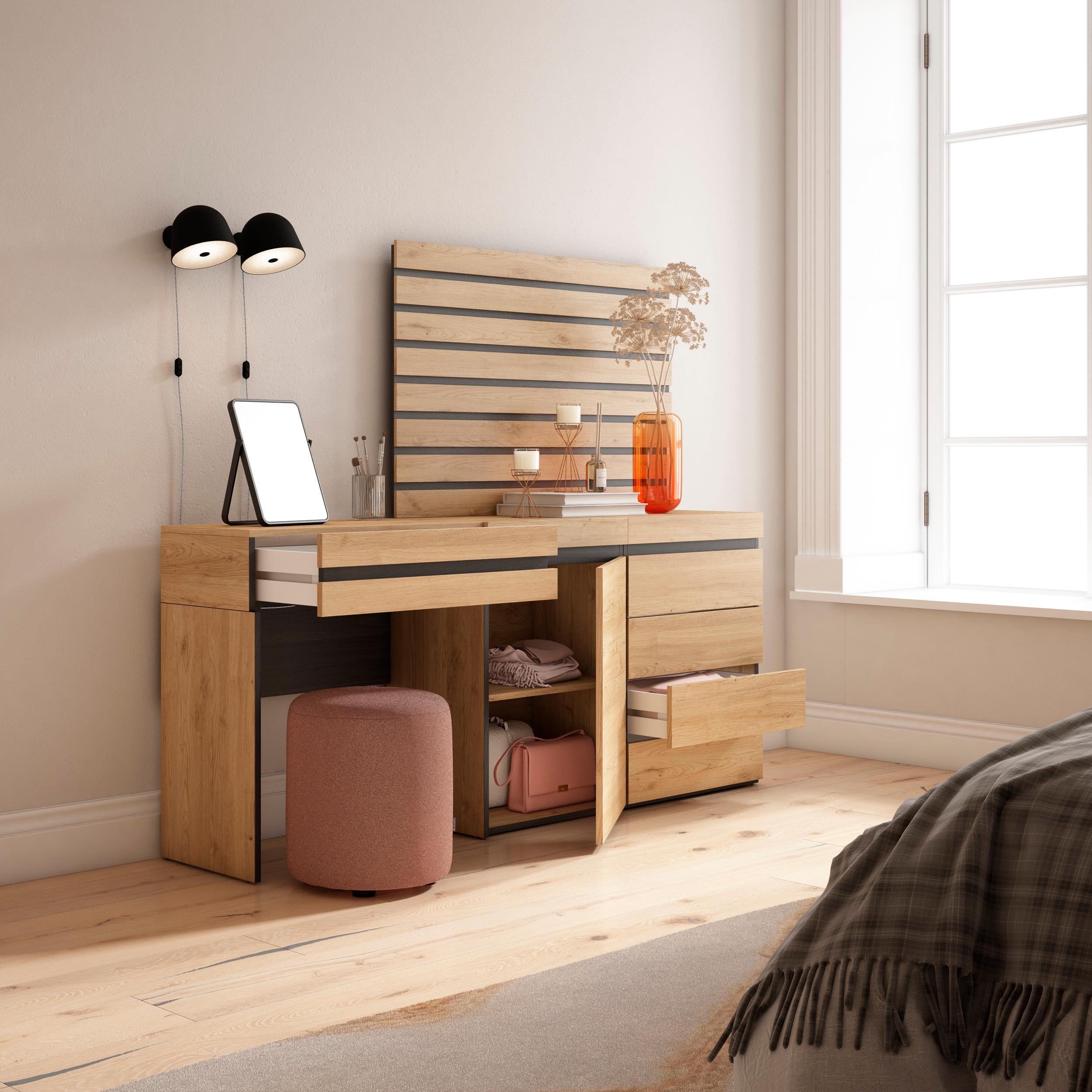 Tavolo da toeletta, 177x35x145cm, Con cassetto, Cassettiera, Pannelli Decorativi, colore Rovere RF3479