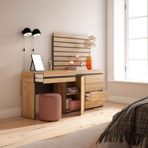 Tavolo da toeletta, 177x35x145cm, Con cassetto, Cassettiera, Pannelli Decorativi, colore Rovere RF3479