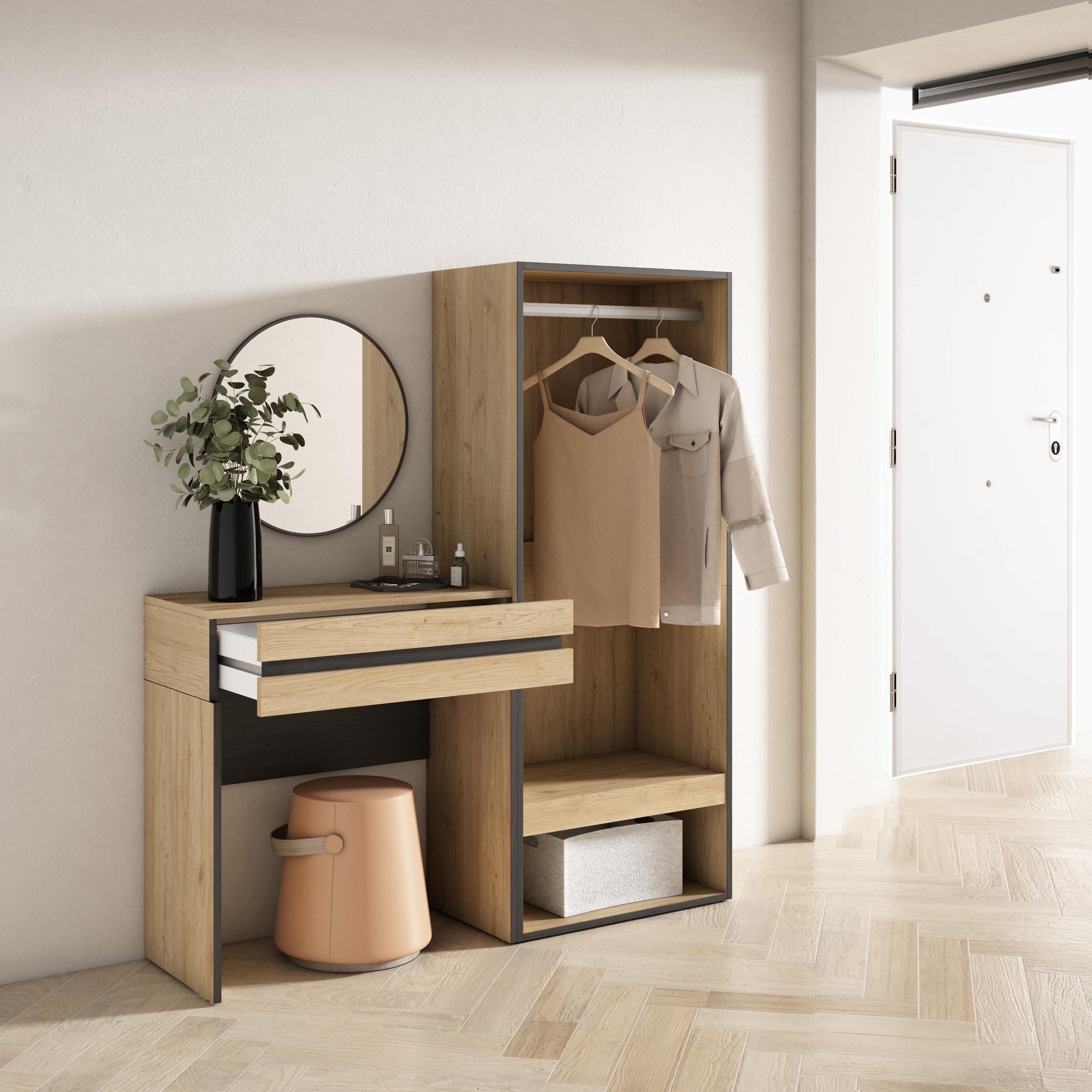 Consolle Ingresso, 130x35x145cm, Con cassetto, Armadio Aperto, colore Rovere RF3447