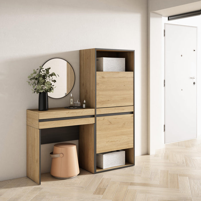 Consolle Ingresso, 130x35x145cm, Con cassetto, Scarpiera, colore Rovere RF3448