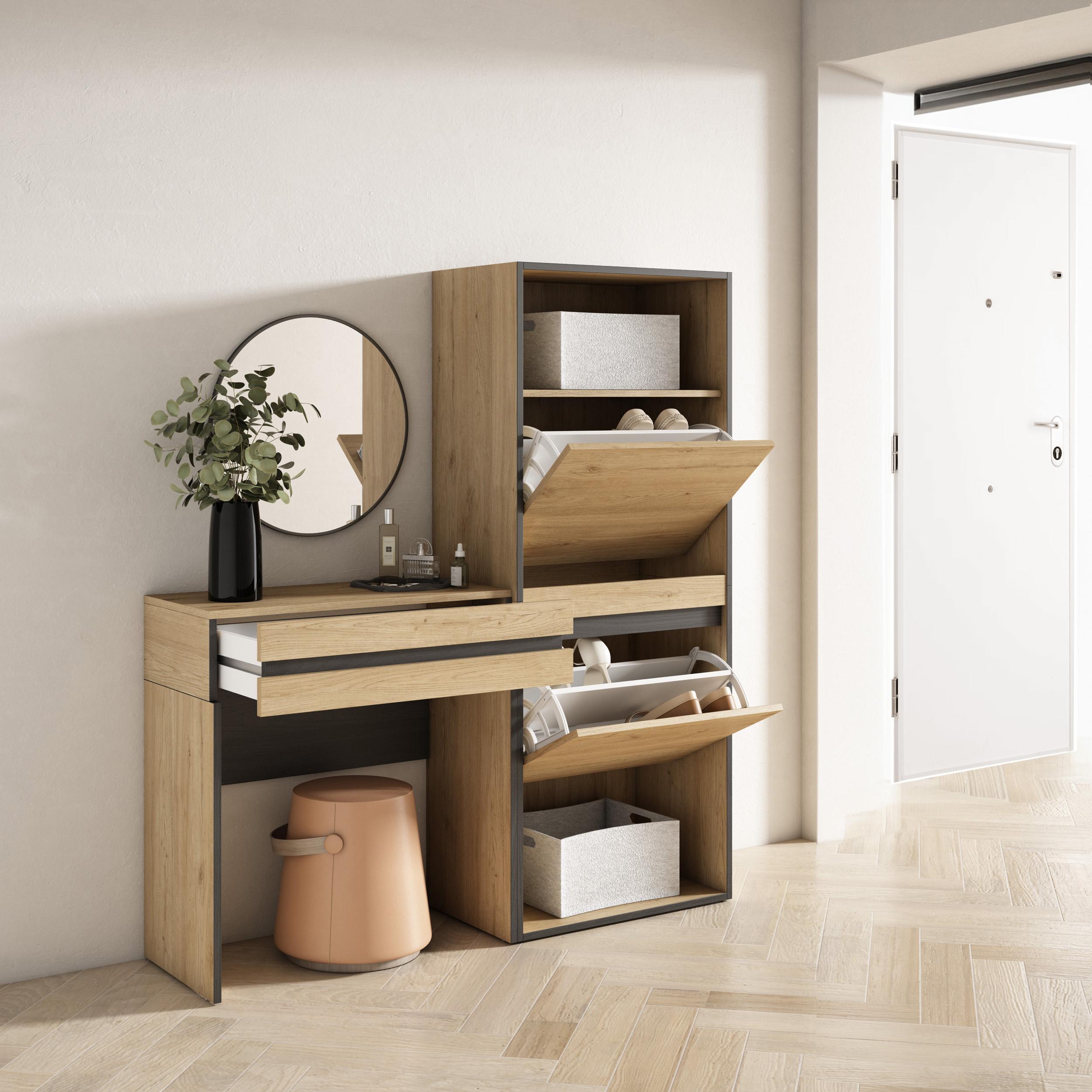 Consolle Ingresso, 130x35x145cm, Con cassetto, Scarpiera, colore Rovere RF3448