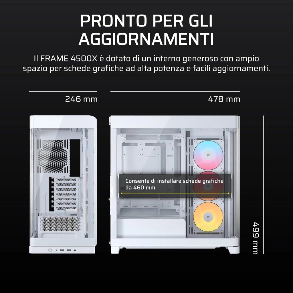 FRAME 4500X RS-R ARGB Case Mid-Tower per PC con Vetro Panoramico – Sistema di Montaggio InfiniRail, Adatto a Due Radiatori da 360 mm, Anti-Sag della GPU, Include 3 Ventole RS120R – Bianco