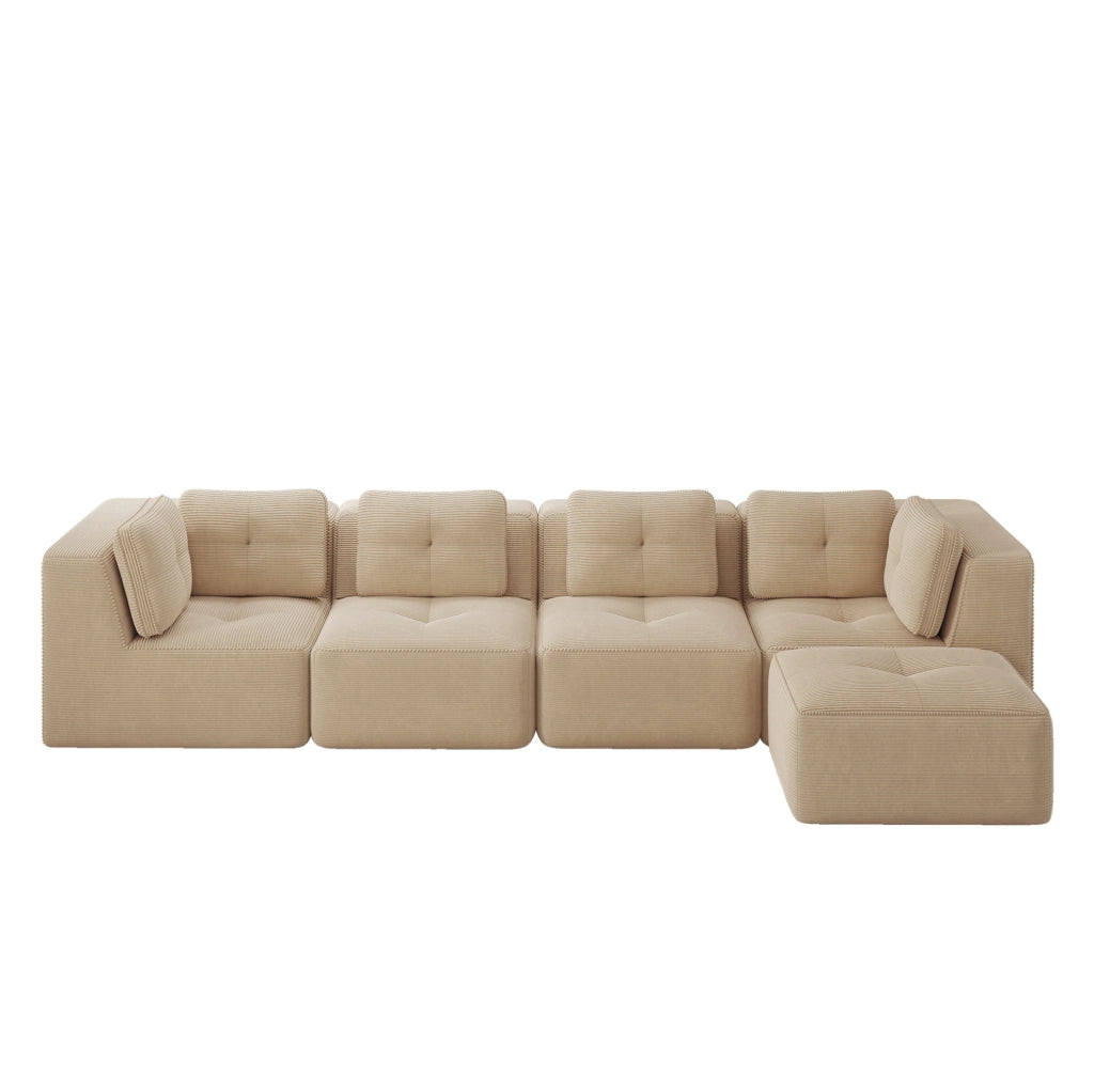 Divano angolare modulare 386x177x69 cm in tessuto a coste beige; seduta profonda