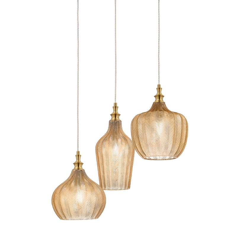 Cleofe - Lampada a sospensione 3 luci in vetro ambra trasparente e ottone - 3XE27 max 3X60W, stile vintage decorativo, IP20