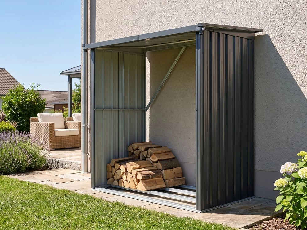 Porta legna da esterno per giardino, grigio grafite, in acciaio zincato, resistente alle intemperie, moderno