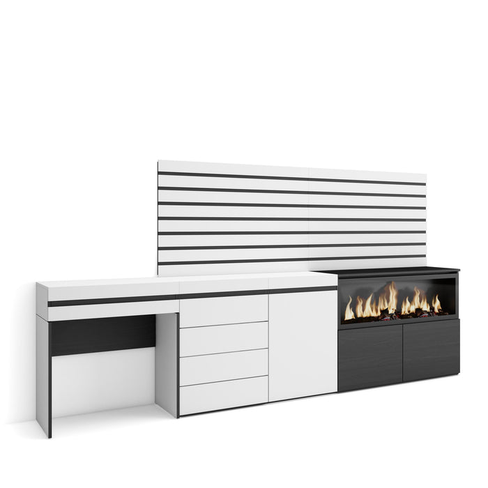 Tavolo da toeletta, 284x35x145cm, Con cassetto, Camino elettrico XXL, Cassettiera, Pannelli Decorativi, Bianco RF3457