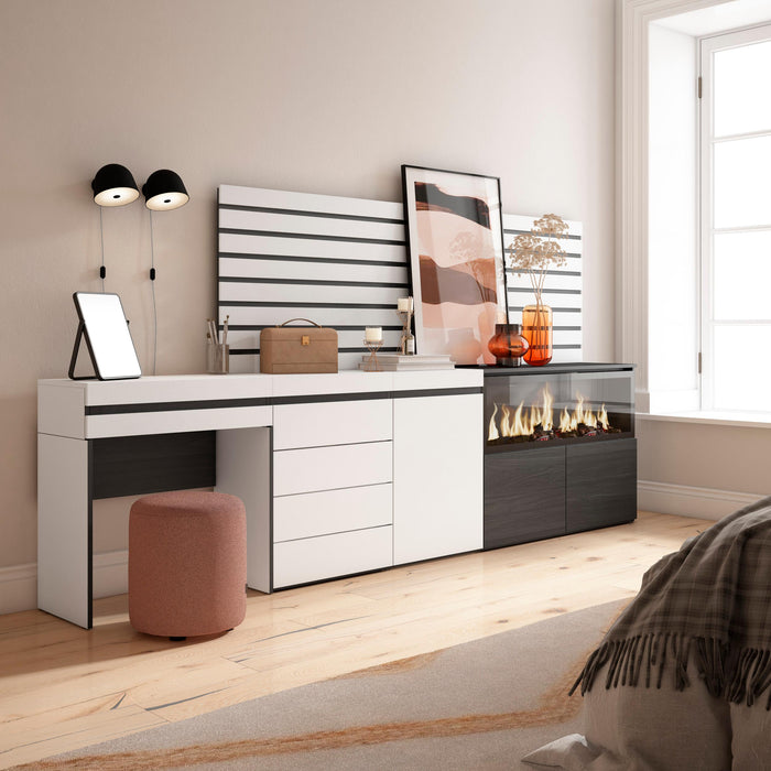 Tavolo da toeletta, 284x35x145cm, Con cassetto, Camino elettrico XXL, Cassettiera, Pannelli Decorativi, Bianco RF3457