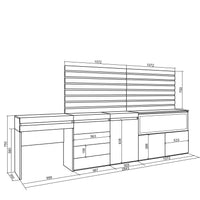 Tavolo da toeletta, 284x35x145cm, Con cassetto, Camino elettrico XXL, Cassettiera, Pannelli Decorativi, Bianco RF3457
