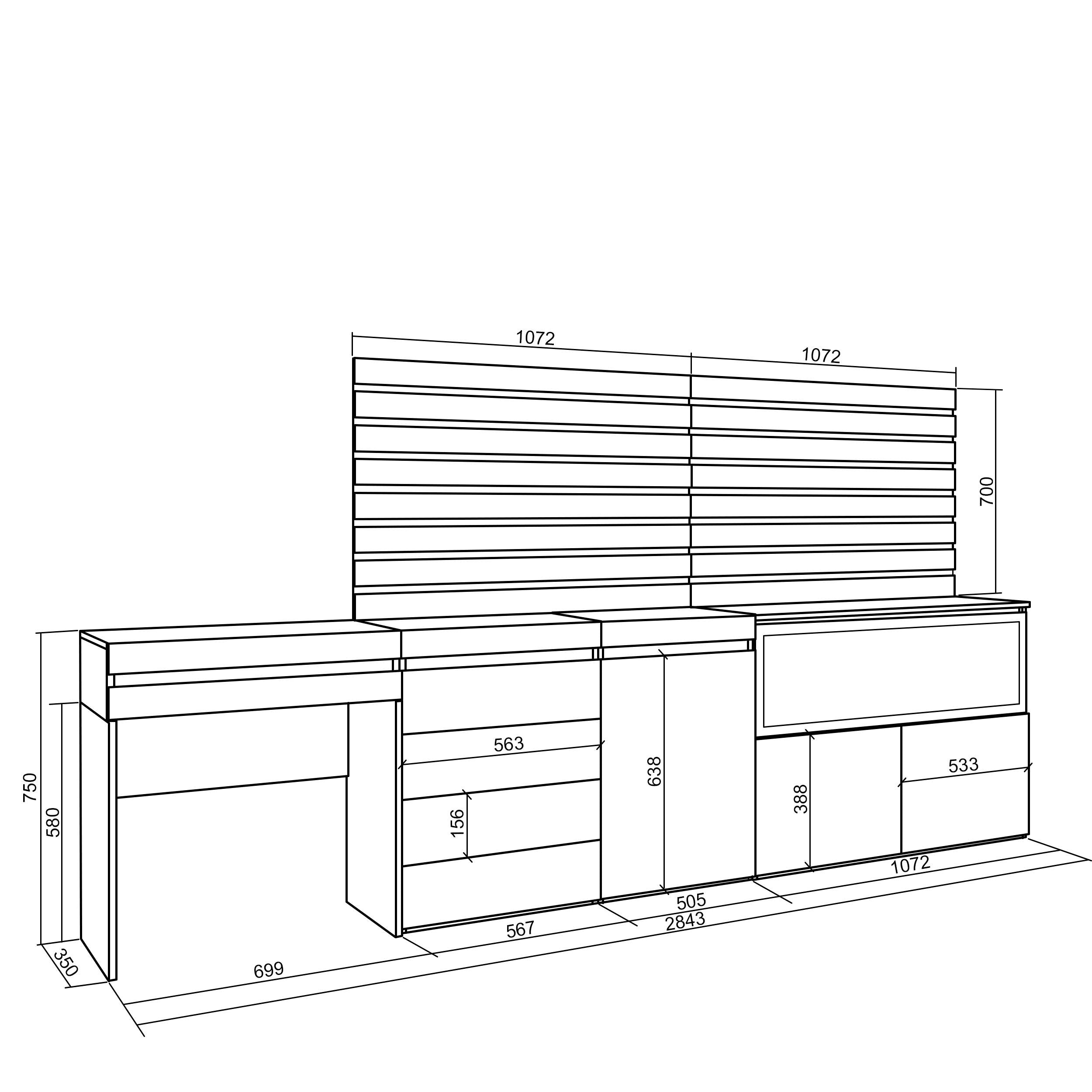 Tavolo da toeletta, 284x35x145cm, Con cassetto, Camino elettrico XXL, Cassettiera, Pannelli Decorativi, Bianco RF3457
