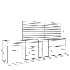 Tavolo da toeletta, 284x35x145cm, Con cassetto, Camino elettrico XXL, Cassettiera, Pannelli Decorativi, Bianco RF3457