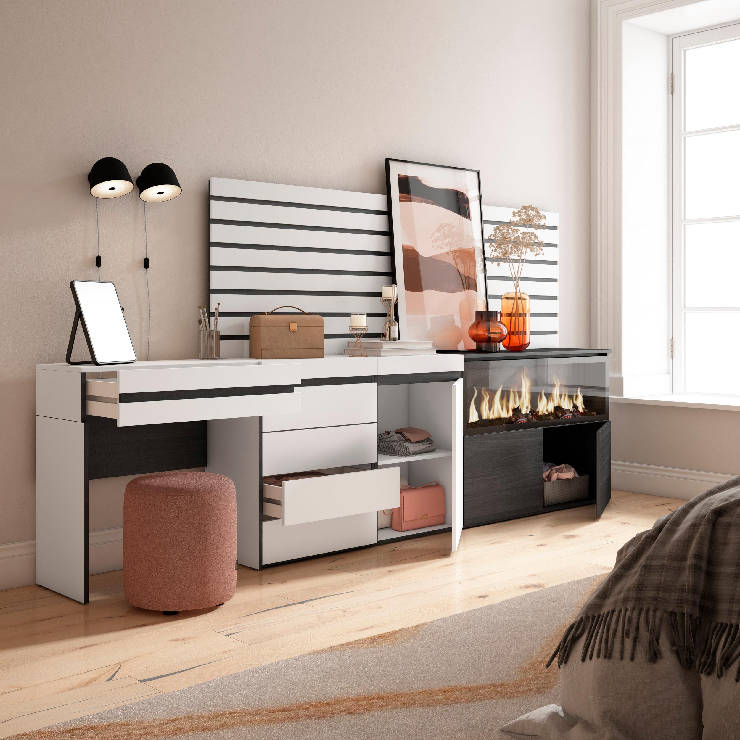 Tavolo da toeletta, 284x35x145cm, Con cassetto, Camino elettrico XXL, Cassettiera, Pannelli Decorativi, Bianco RF3457