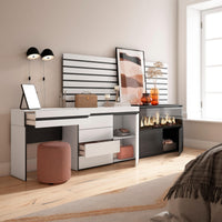 Tavolo da toeletta, 284x35x145cm, Con cassetto, Camino elettrico XXL, Cassettiera, Pannelli Decorativi, Bianco RF3457