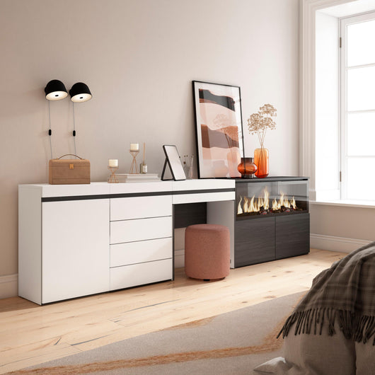 Tavolo da toeletta, 284x35x75cm, Con cassetto, Camino elettrico XXL, Cassettiera, Bianco RF3456