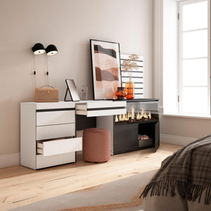 Tavolo da toeletta, 234x35x145cm, Con cassetto, Camino elettrico XXL, Cassettiera, Pannelli Decorativi, Bianco RF3460