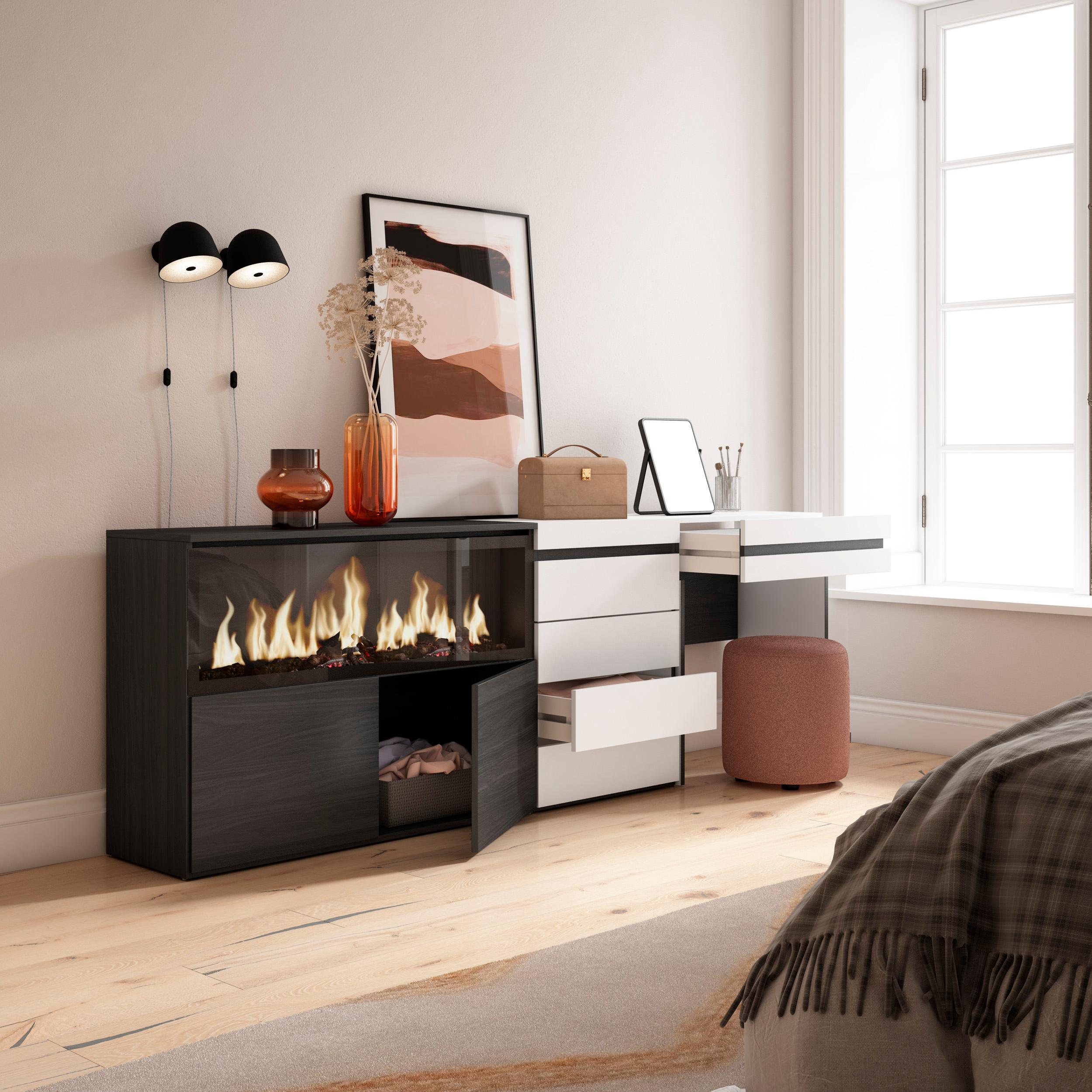 Tavolo da toeletta, 234x35x75cm, Con cassetto, Camino elettrico XXL, Cassettiera, Bianco RF3455