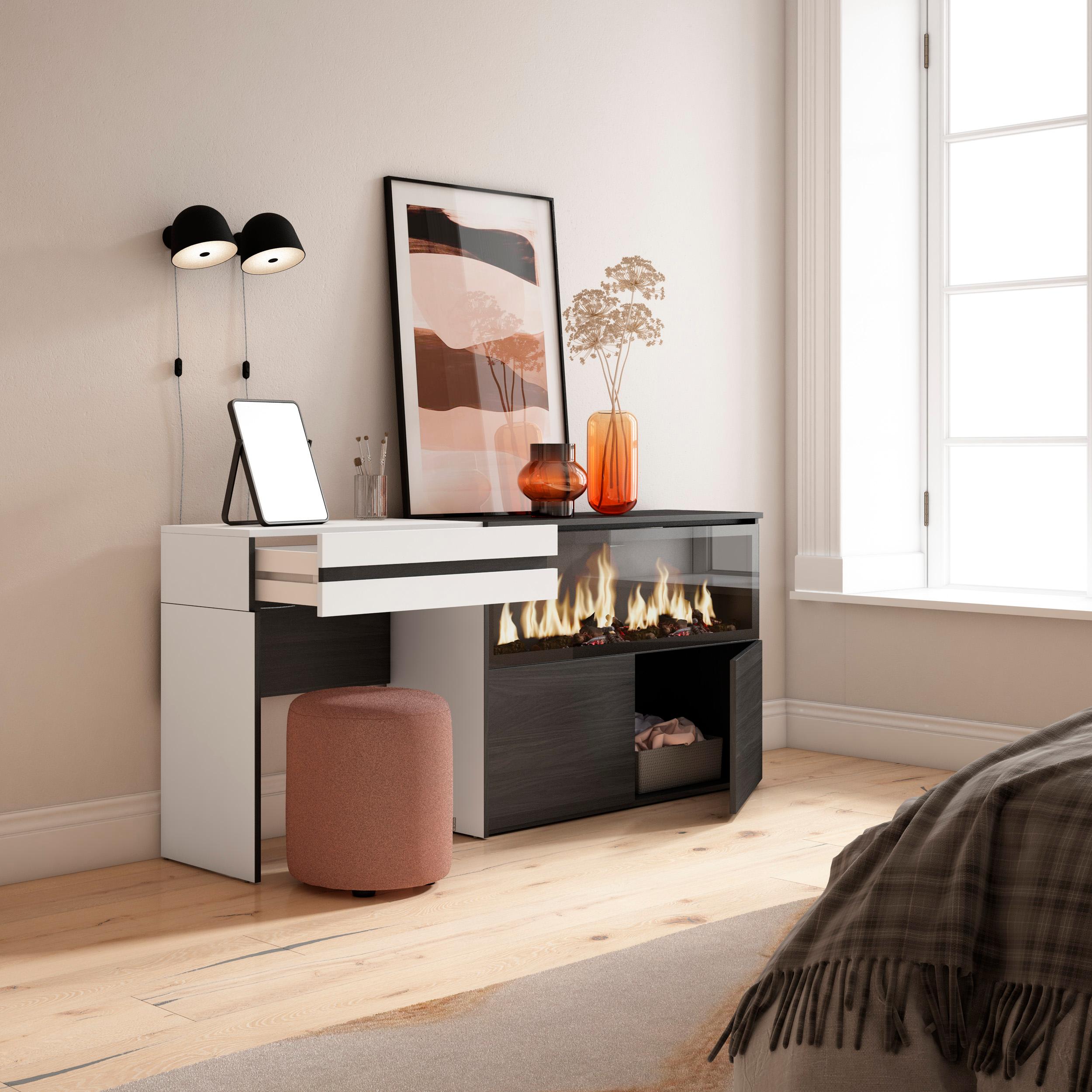 Tavolo da toeletta, 177x35x75cm, Con cassetto, Camino elettrico XXL, Bianco RF3454