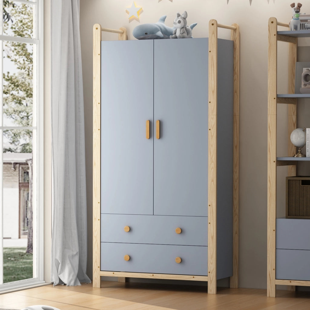 Armadio con 2 ante e 2 cassetti, barra appendiabiti, in truciolare e pino, per la camera, blu, 90 × 45 × 180 cm